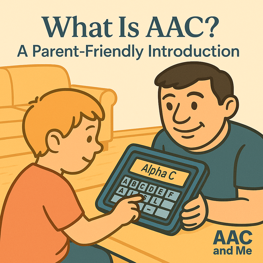A smiling adult supports a young boy using a tablet-based AAC device in a cosy living room. The text reads “What Is AAC? A Parent-Friendly Introduction – AAC and Me”.