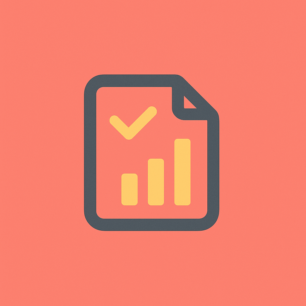 Simple icon of a report with a check mark and bar chart on a coral background