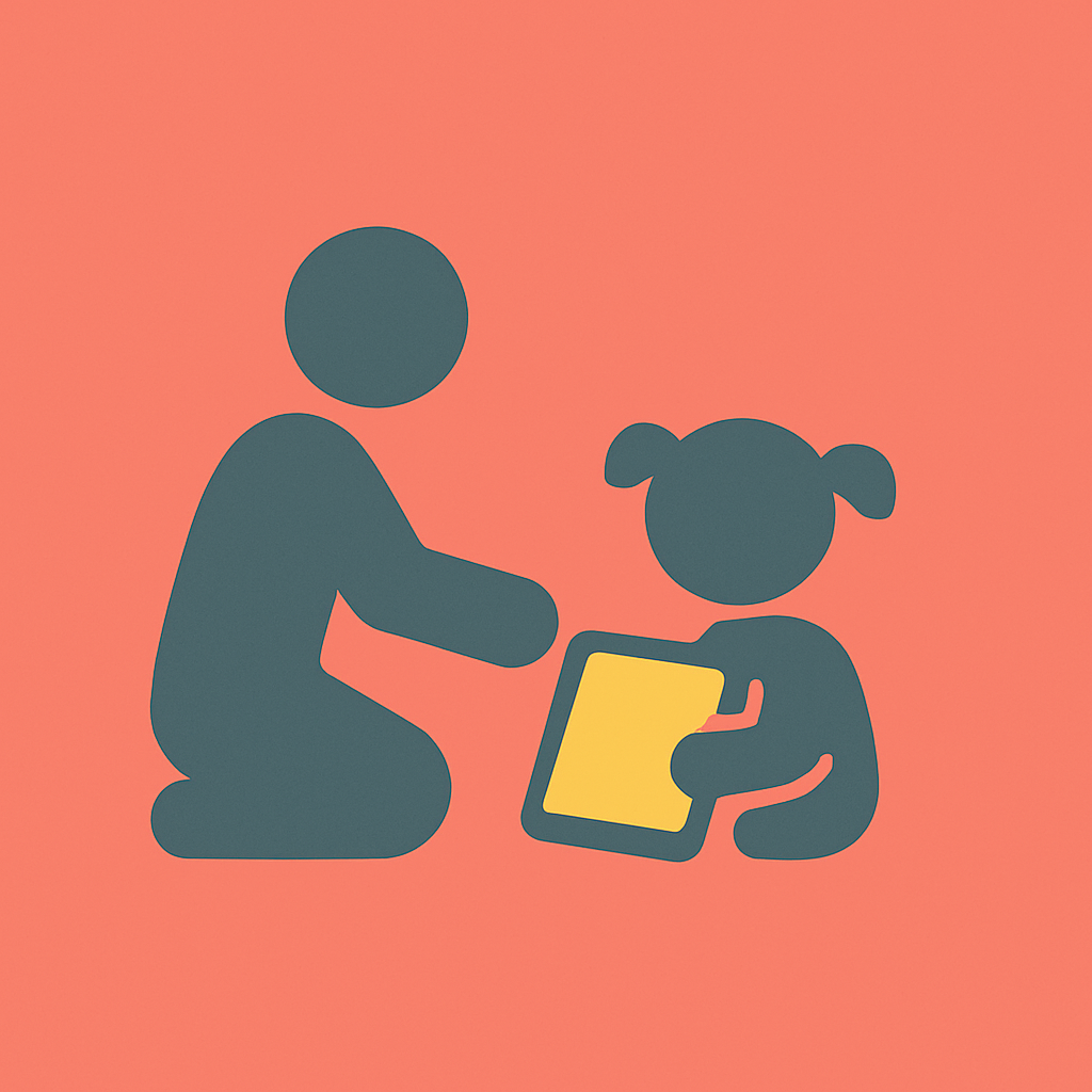 Simple icon of an adult and child, with the child holding a tablet device