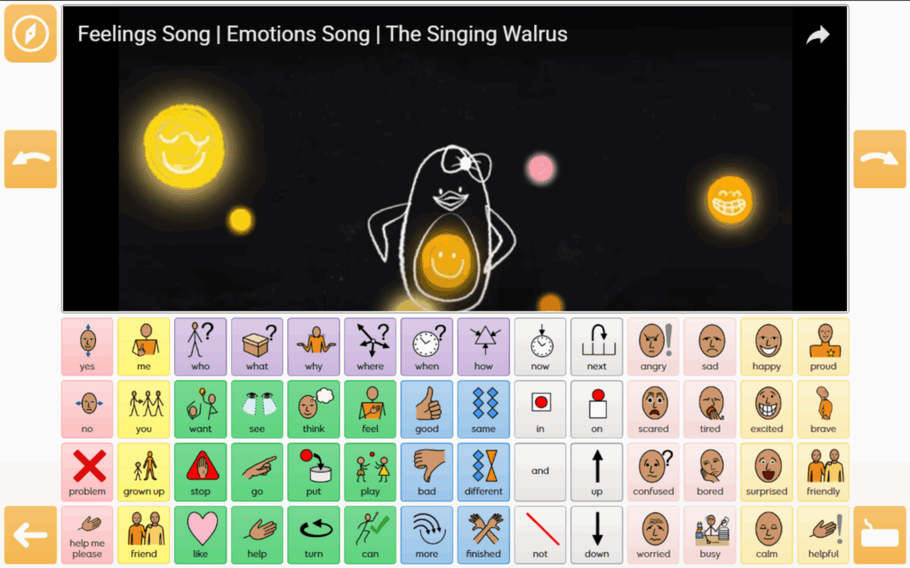 Screenshot of a classroom AAC screen displaying a video titled "Feelings Song | Emotions Song | The Singing Walrus" above a symbol-based communication grid. The grid includes core words like "me," "feel," "good," and emotion words such as "happy," "sad," and "proud."