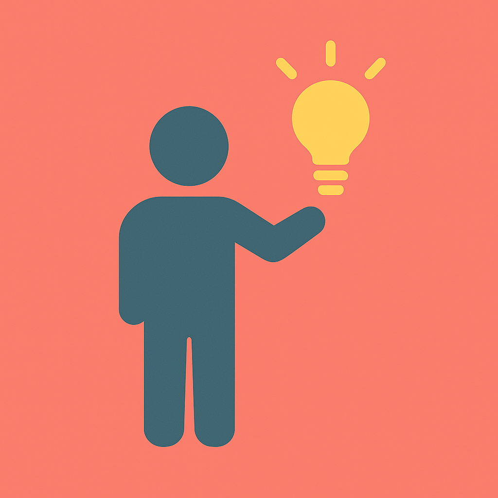 Minimalist icon of a person holding a glowing yellow lightbulb, on a coral background.