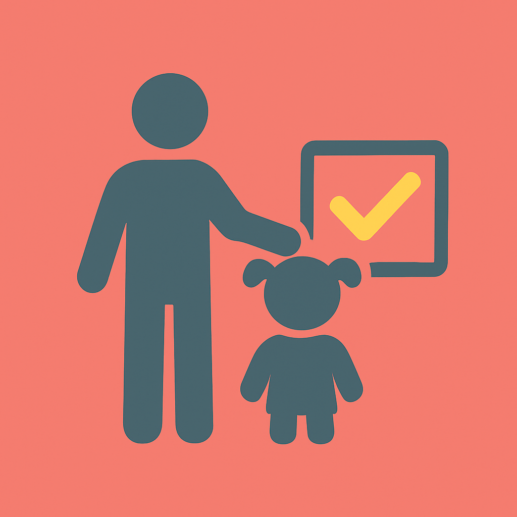 Minimalist icon of an adult figure standing beside a child with pigtails, with a yellow checkmark inside a speech bubble, on a coral background.