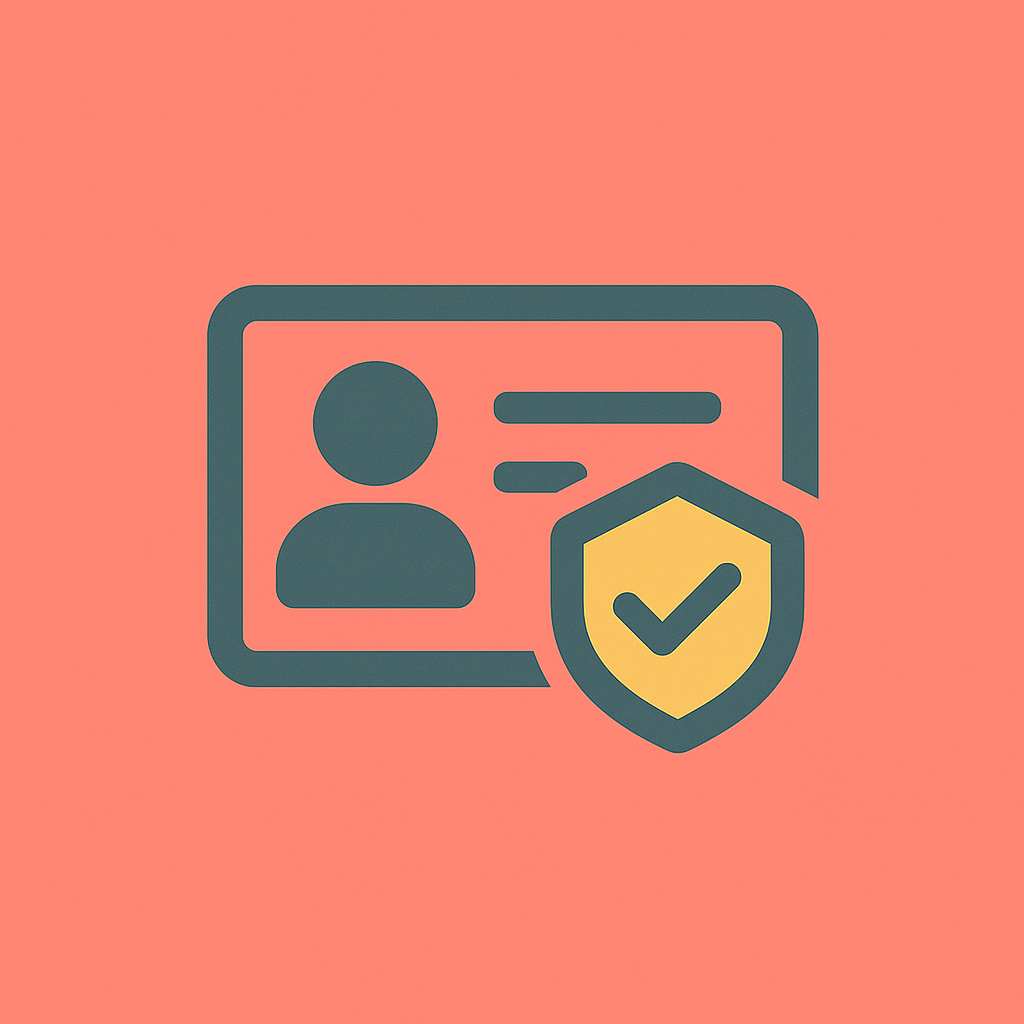 Minimalist icon of an ID card with a yellow shield and checkmark, on a coral background.