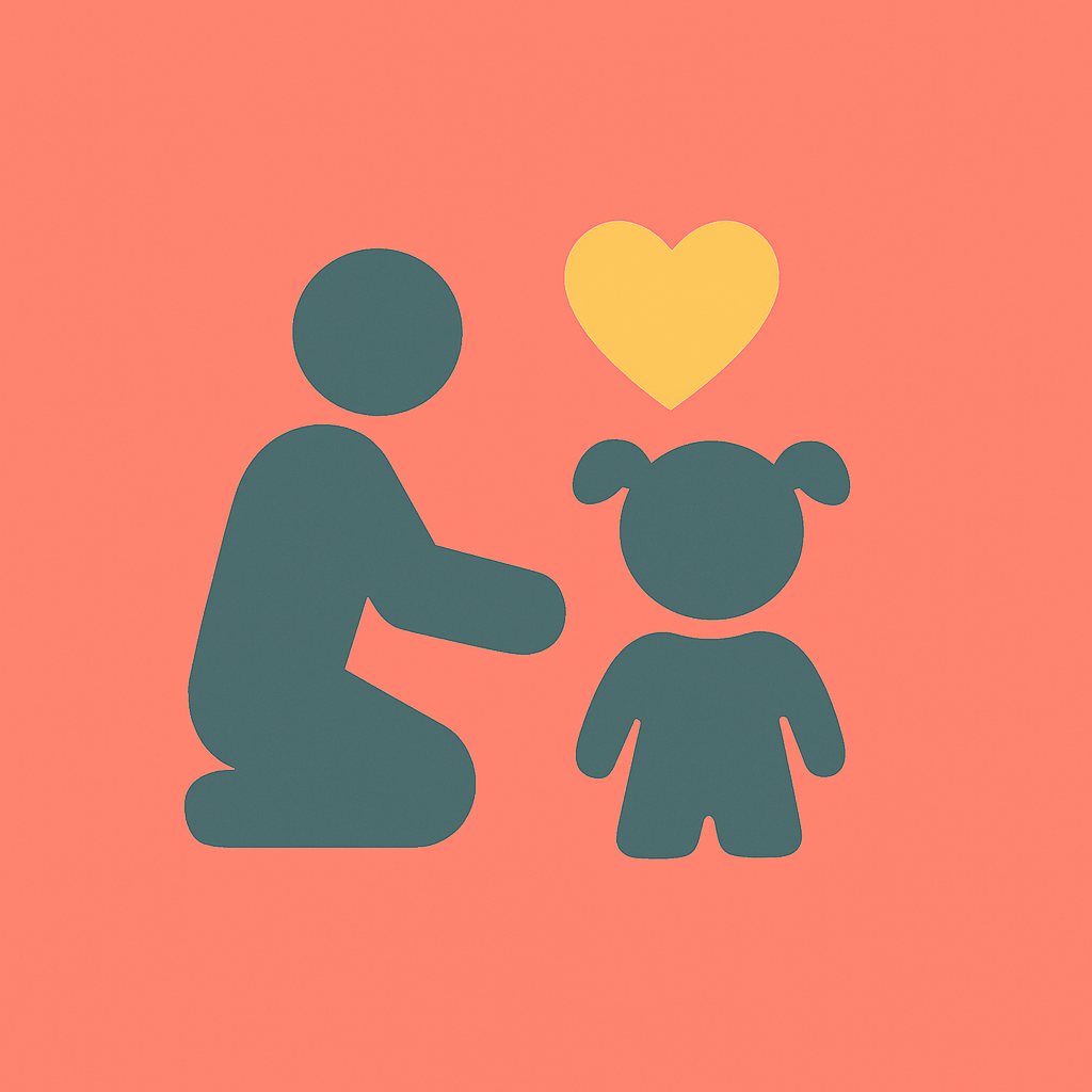 Minimalist icon of a kneeling adult with a child in pigtails, a yellow heart above them, on a coral background.