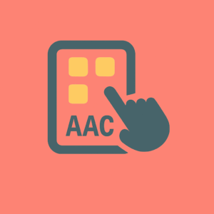 Minimalist icon of a hand touching a tablet screen with the letters “AAC” and yellow squares, on a coral background.