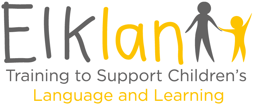Elklan logo with the tagline ‘Training to Support Children’s Language and Learning.’ The word Elklan is written in grey and yellow, with figures of an adult and child forming part of the letters.