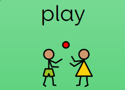 Symbol showing two stick figures facing each other and tossing a red ball, with the word “play” written above.