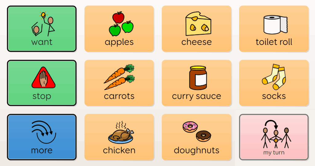 An AAC grid with twelve colourful symbol buttons used on an eye-gaze device. The board includes core words such as “want”, “stop”, “more”, and “my turn”, alongside shopping-related vocabulary like “apples”, “cheese”, “carrots”, “chicken”, and “doughnuts”. It was designed to support communication during the adapted Orchard Toys Shopping Game.