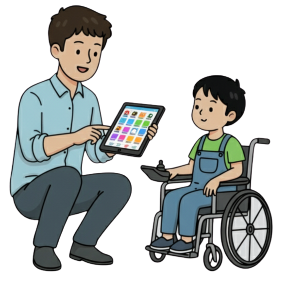 A practitioner kneels beside a boy in a wheelchair, modelling communication on a tablet AAC device.