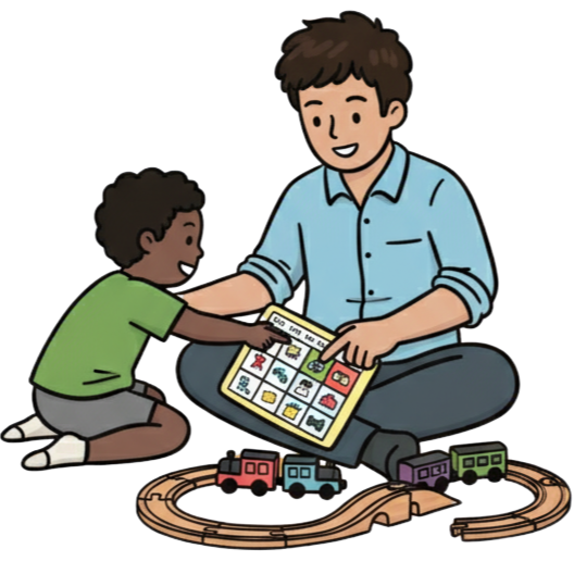 An adult and a child sit on the floor with a wooden train set. The adult holds a communication board and models words while the child reaches towards the board.