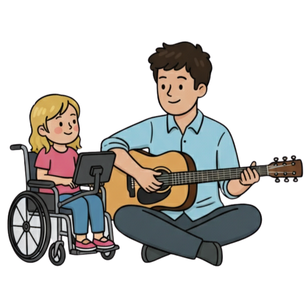 A practitioner plays guitar while a girl in a wheelchair uses an AAC device mounted on her chair.