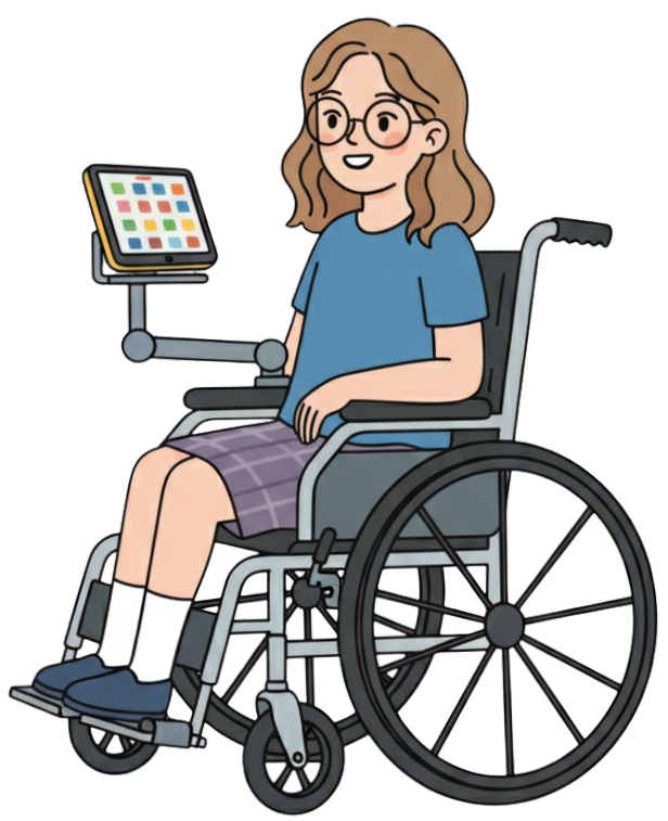 Illustration of a wheelchair user with shoulder-length hair and glasses, sitting comfortably with an AAC device mounted beside them.