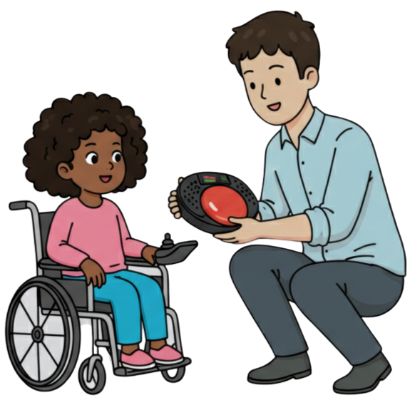 A practitioner shows a large switch button to a young girl in a wheelchair who is smiling and engaged.
