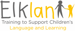 Elklan logo with stylised adult and child figures and the tagline “Training to Support Children’s Language and Learning”.