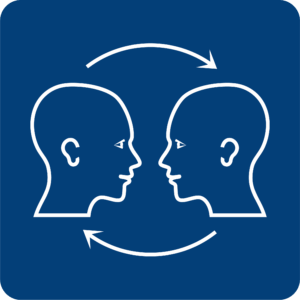 White line drawing of two heads facing each other with curved arrows between them, on a blue background.