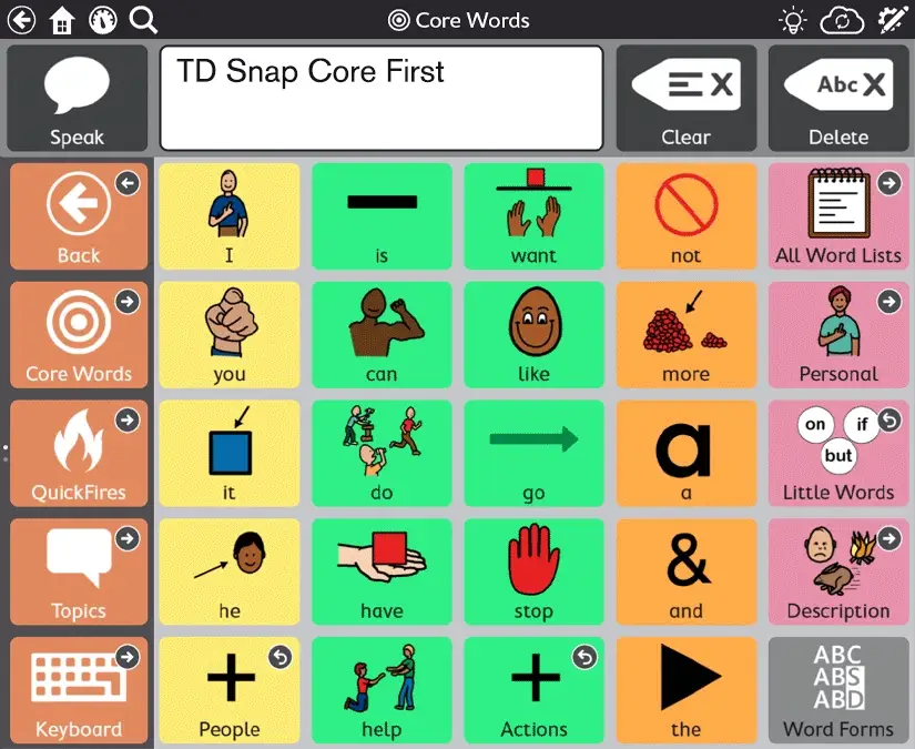 Image of the TD Snap software box with a colourful AAC symbol grid displayed on the front, representing communication through symbols.