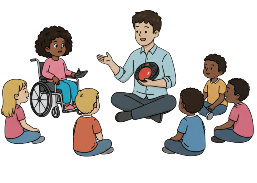 A practitioner leads a sensory story session with children gathered around, including a girl in a wheelchair holding a switch.