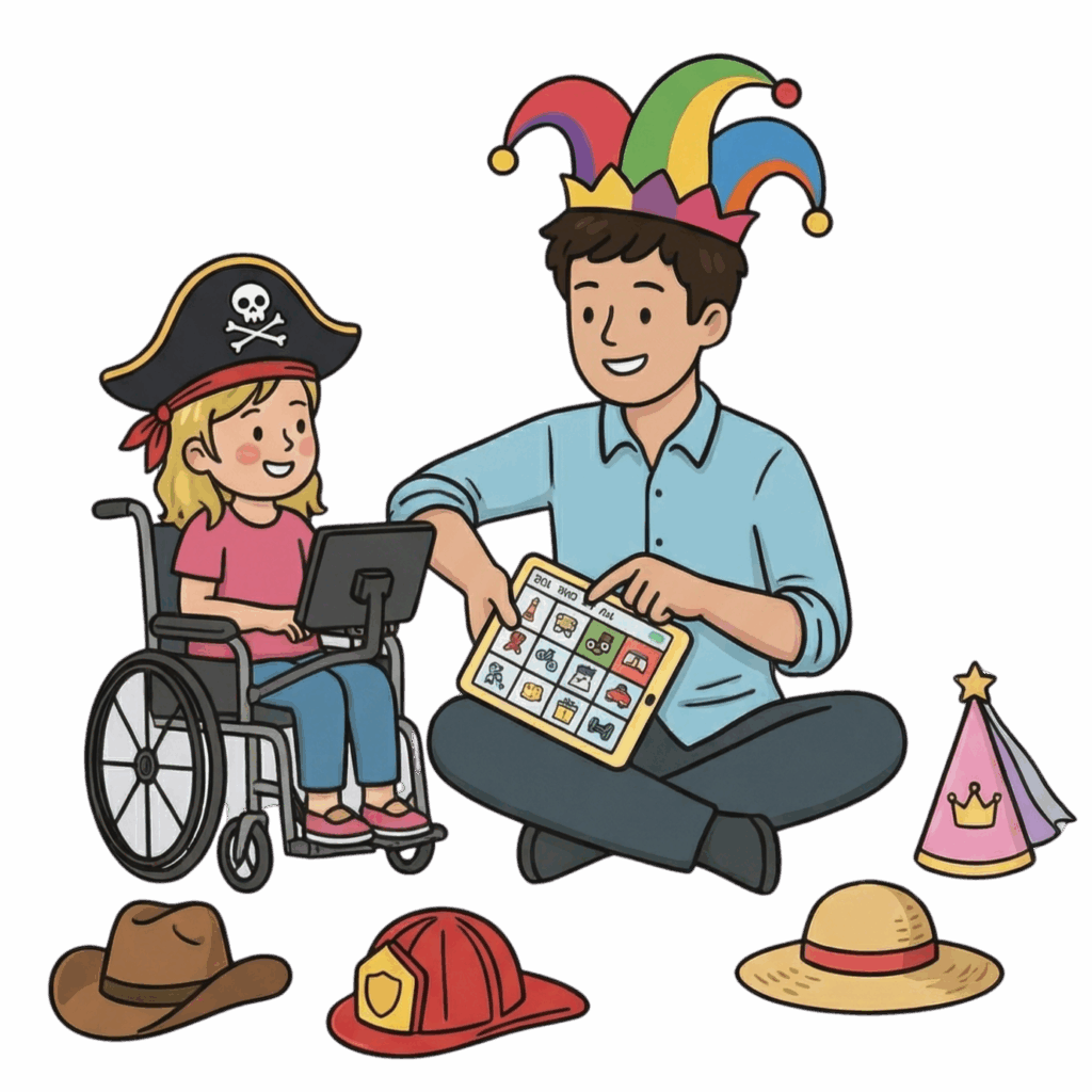 An adult wearing a colourful jester hat models words on an AAC device while sitting with a child in a wheelchair, who is using their own AAC device. Dress-up hats are scattered on the floor around them.