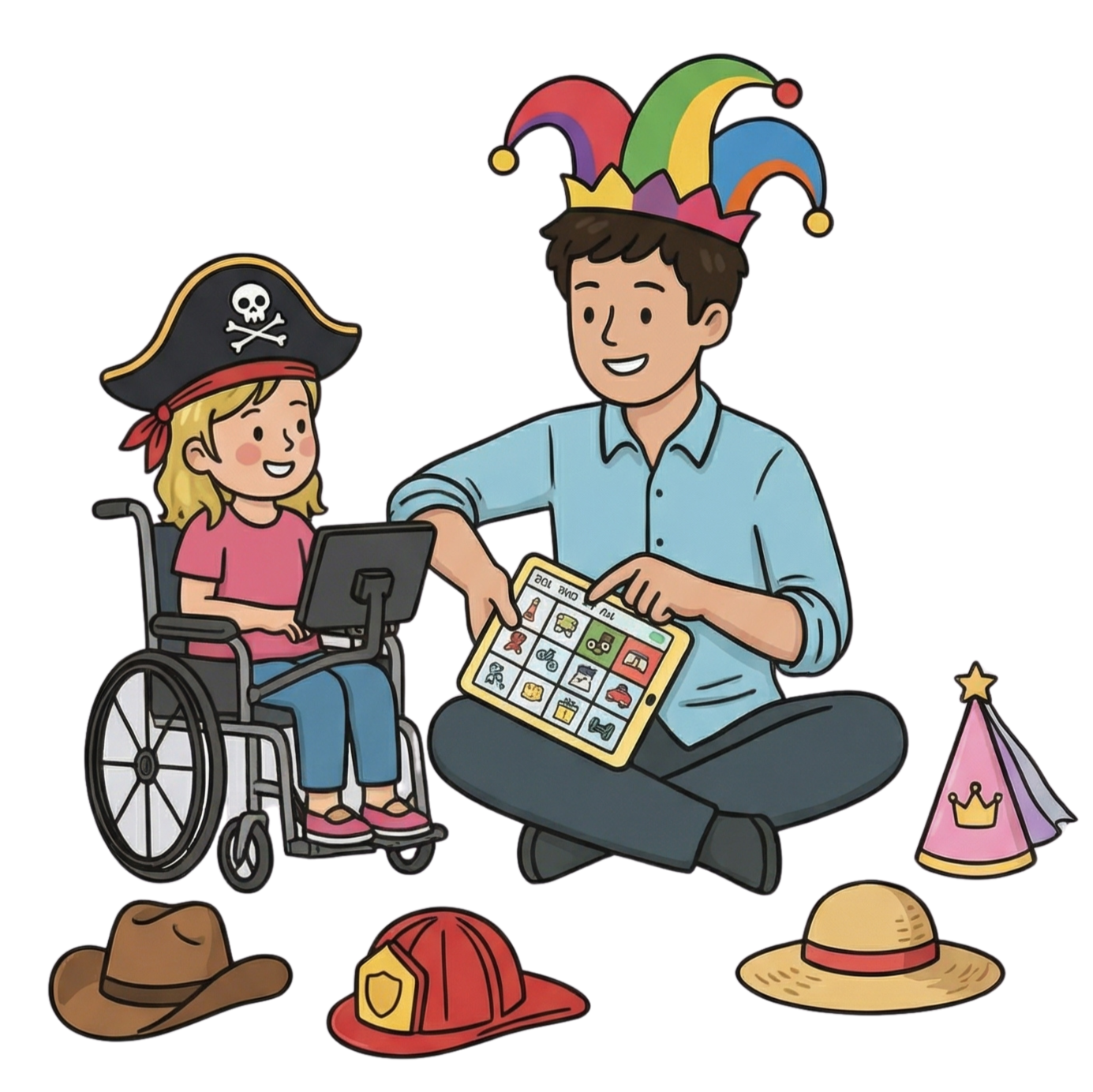 An adult wearing a colourful jester hat models words on an AAC device while sitting with a child in a wheelchair, who is using their own AAC device. Dress-up hats are scattered on the floor around them.