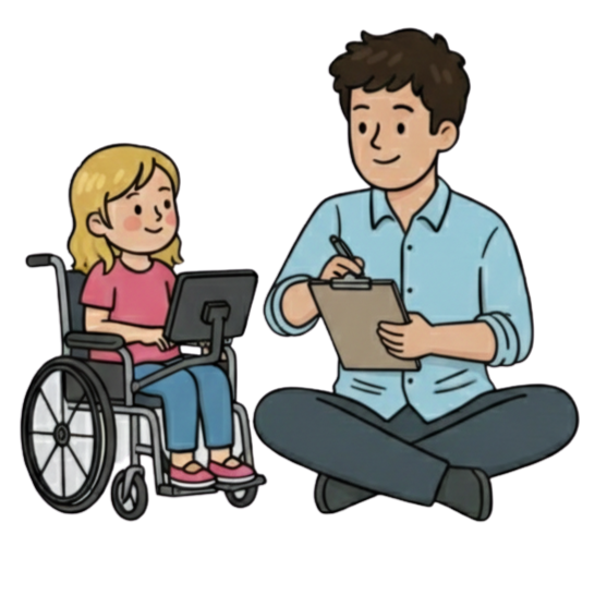 A practitioner sits on the floor taking notes while a young girl in a wheelchair uses a communication device mounted in front of her.