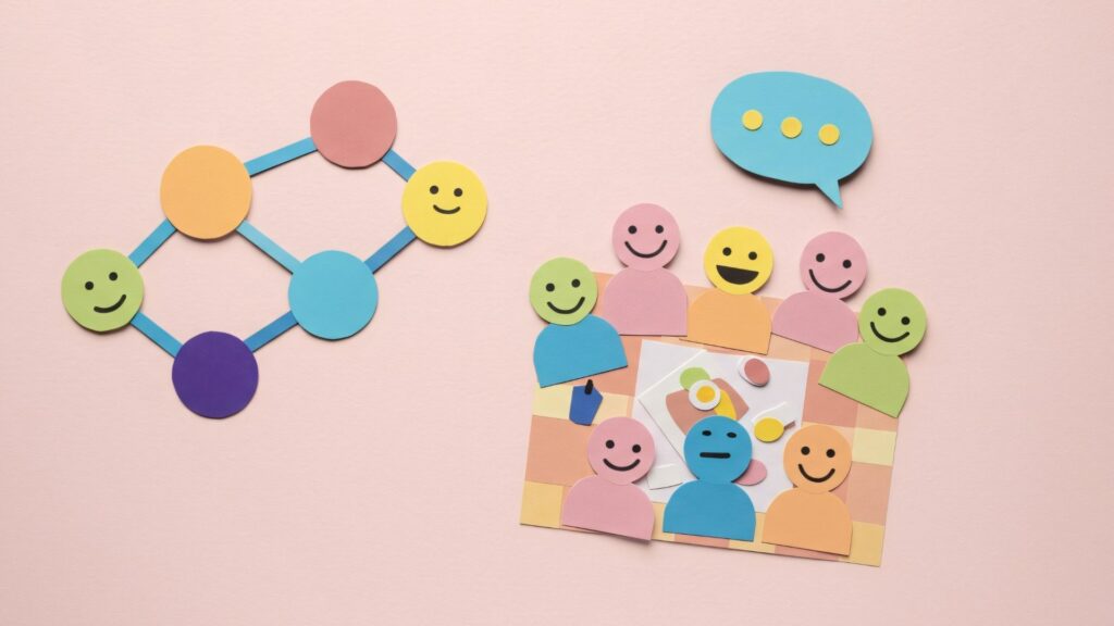 Illustrated figures representing a group exploring communication and connection together