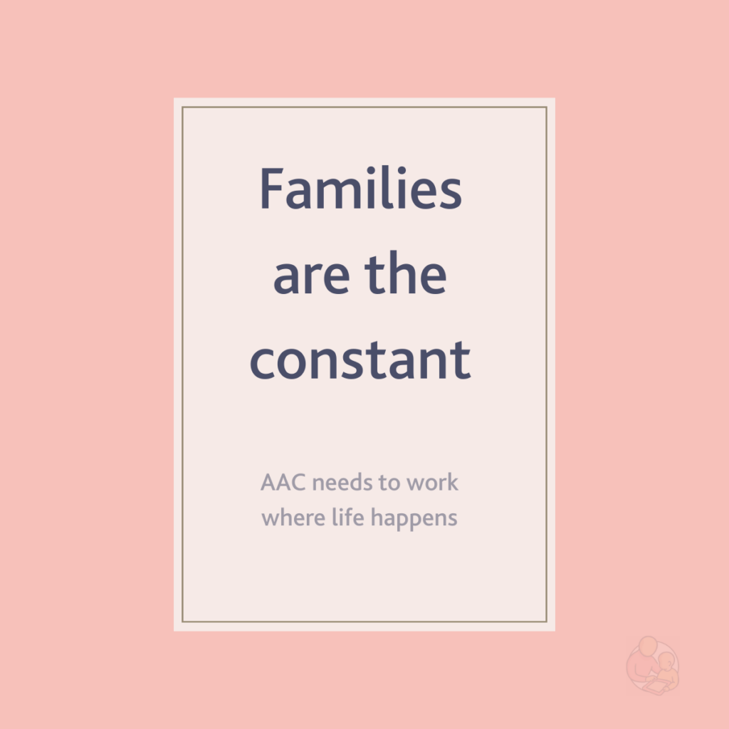 A soft coral background with a centred cream panel. Text reads: “Families are the constant. AAC needs to work where life happens.” A small AAC and Me logo appears in the bottom right corner.