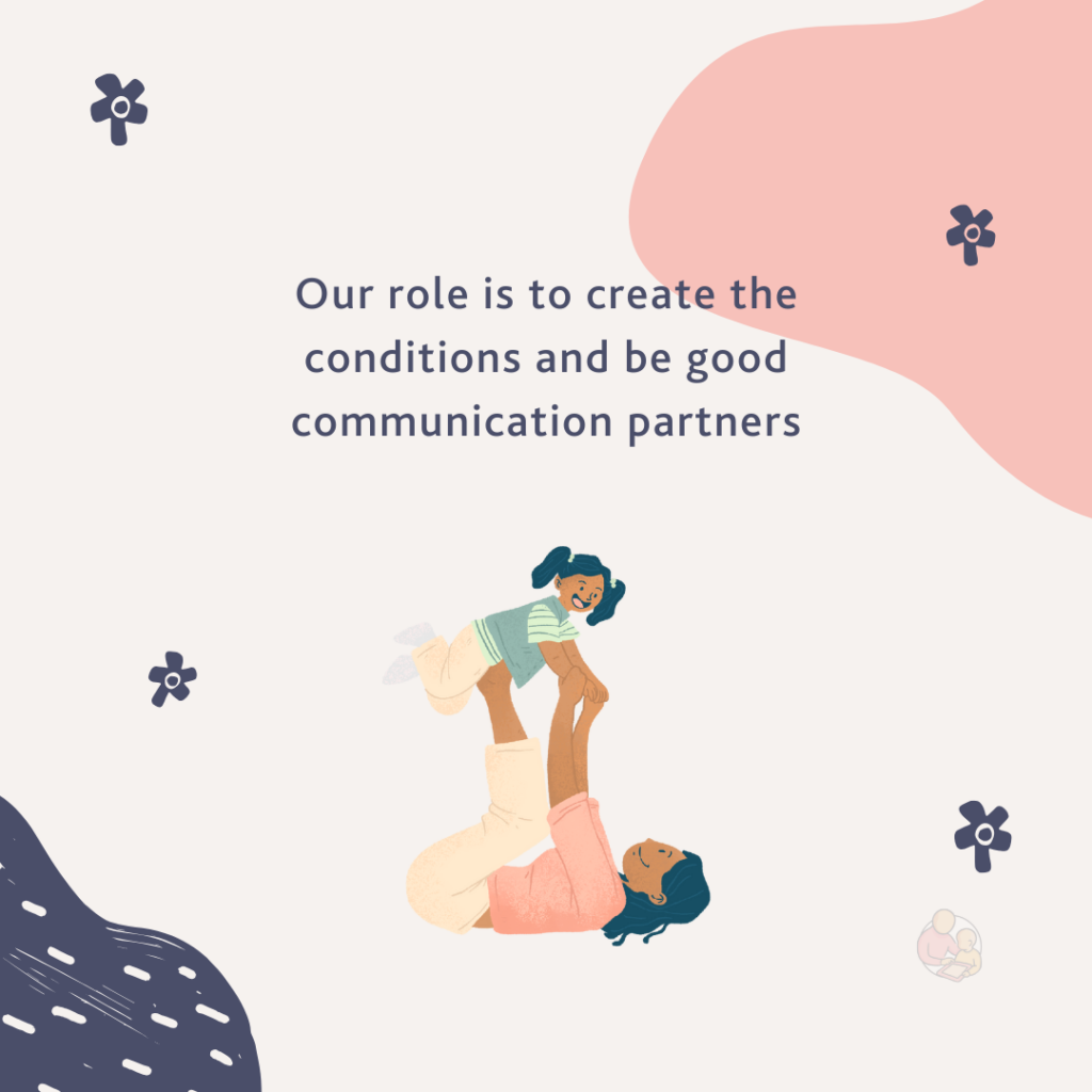 Illustration of an adult and child playing together, with text reading “Our role is to create the conditions and be good communication partners”, representing supportive, person-centred communication.