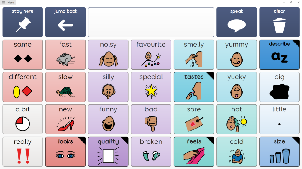 Screenshot of an AAC “Describe” page with large buttons for adjectives and sensory words, including same/different, fast/slow, noisy, silly, special, yummy/yucky, big/little, hot/cold, and options such as “speak”, “clear”, and “jump back”.