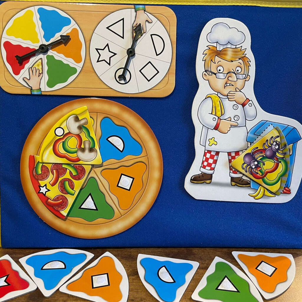 Pizza! Pizza! board game pieces with Velcro dots mounted on a blue board, with colour and shape spinners above and topping pieces laid out below.