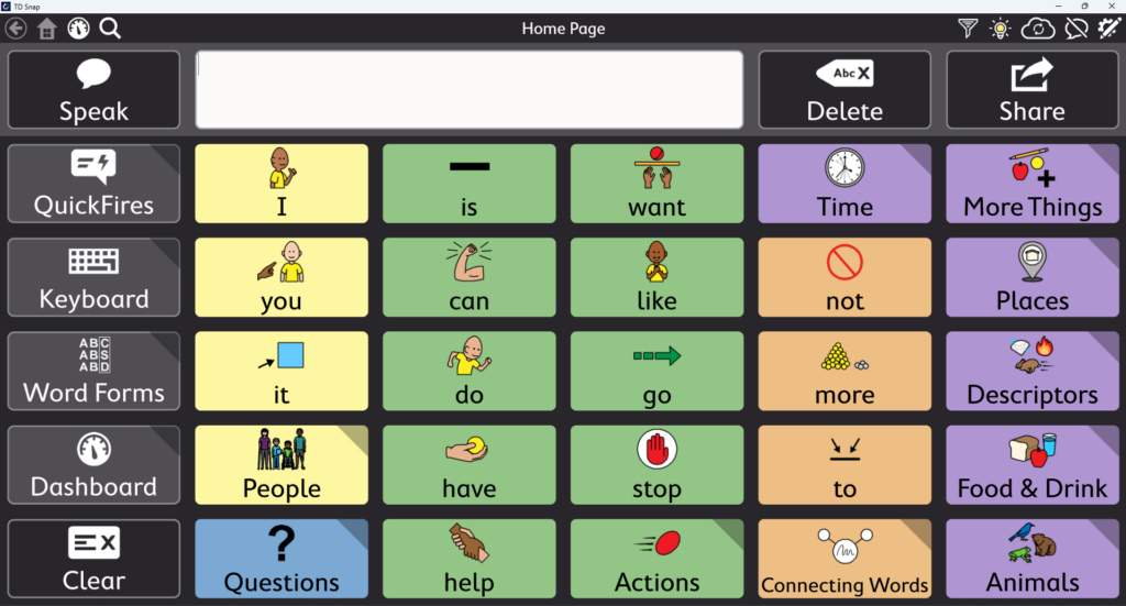 Screenshot of TD Snap showing the TD Motor Plan 30 home page with a message bar at the top, buttons for Speak, Delete and Share, and a grid of core words (I, you, it, is, can, do, want, like, go, not, more, stop, to) plus category links such as Time, Places, Descriptors, Food & Drink, Questions, Actions, Connecting Words and Animals.