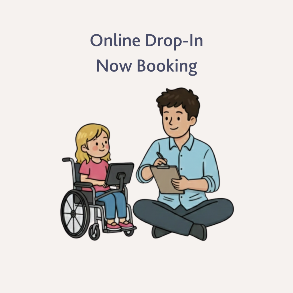 An illustration of a young girl using a communication device on her wheelchair tray, sitting alongside an adult who is taking notes on a clipboard.