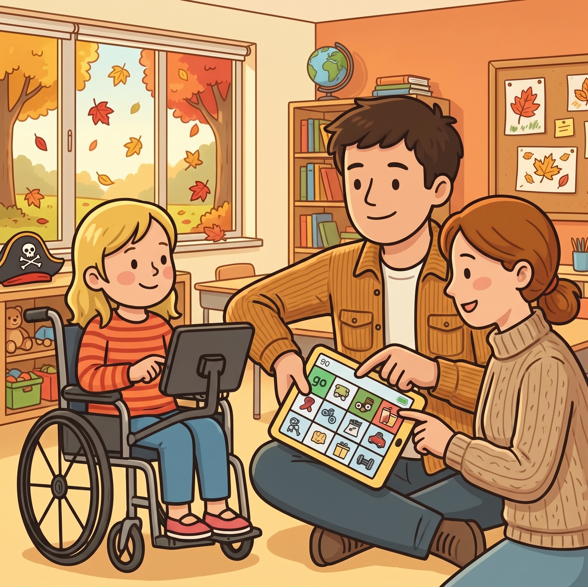 A child using a communication device in a classroom, supported by two adults.